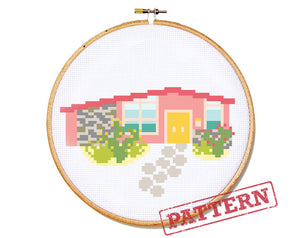 Modern Pink Ranch House Cross Stitch Pattern