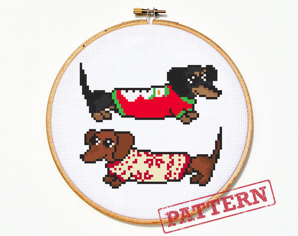 Dachshunds in Christmas Sweaters Weiner Dog Cross Stitch Pattern
