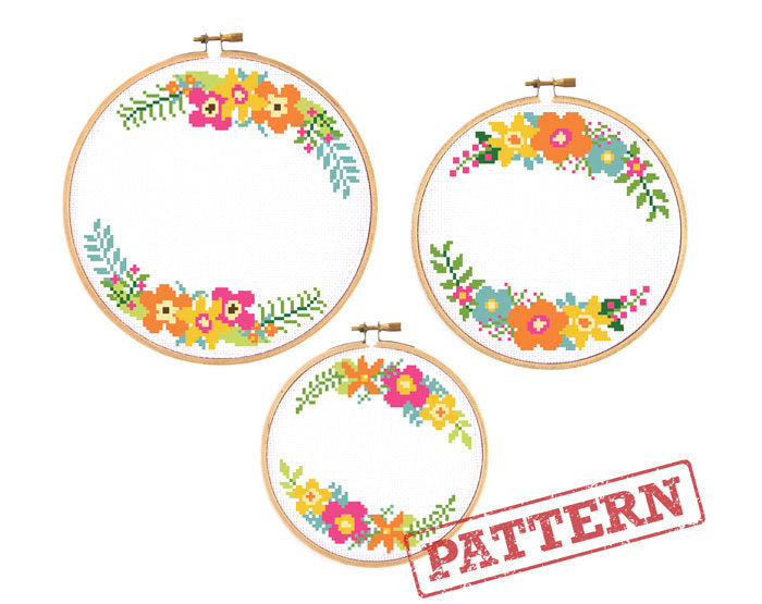 Flower Wreath Borders Set of 3 Cross Stitch Patterns