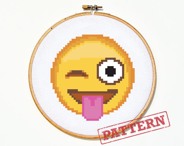Emoji Tongue Out Winking Smiley Face Cross Stitch Pattern