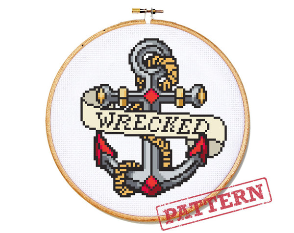 Anchor Tattoo Wrecked Cross Stitch Pattern